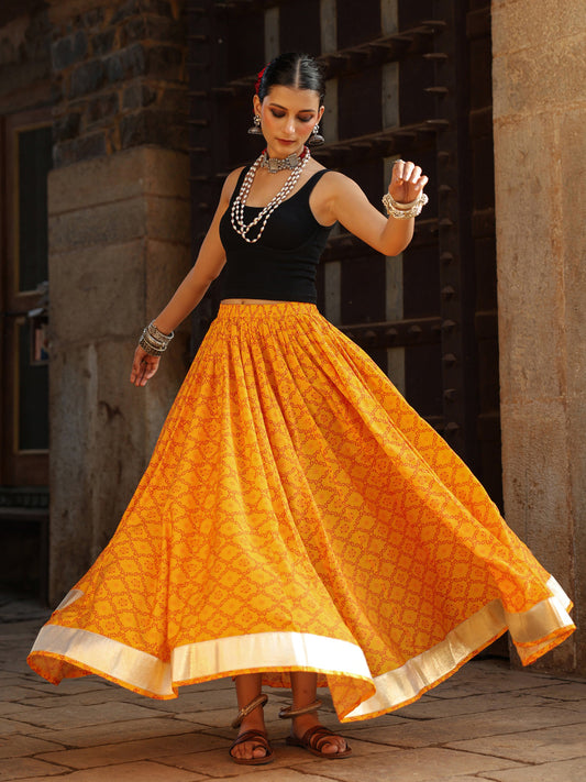 Women's Bandhani Printed Flared Long Skirt Yellow
